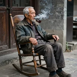 a very old man sitting in a rocking chair, he is smoking a pipe