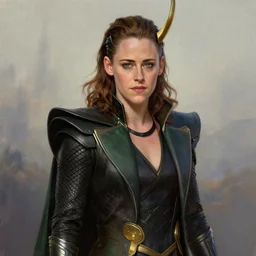Kristen Stewart as Loki, photorealistic digital painting