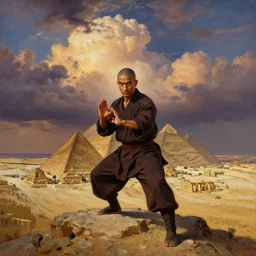 a birds - view dark orientalist close portrait of an charismatic egyptian / arabic style kung fu - monk with piercing eyes, in a fighting pose on top of a pyramid overlooking the ancient monumental egyptian ruin city at dusk under dramatic skies with billowing cumulus clouds, vertigo, wide - angle, painted by anders zorn, craig mullins
