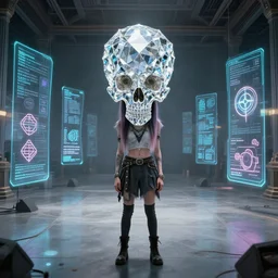 a highly detailed symmetric wide shot of Grimes with a head as a diamond skull in a large room simulation with holographic symbolic codes