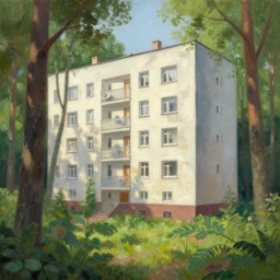 beautiful matte painting of cute soviet block of flats hrushevka in end of forest by ivan shishkin