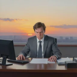 a boss man looking angry at desk, sunset, airbrush and oil painting, pale, wide shot,