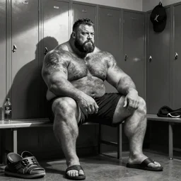 big burly strongman resting in a locker room, black and white photography