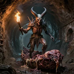 airbrush baphomet, sewage tunnels with primitive flesh raft, of rotten flesh, syd mead, enric torres, alberto bontempi, hyper realism, narrative light, muted colors, epic, hyper detailed, awe inspiring, award winning horror, torch lighting, hyper realism, cinematical