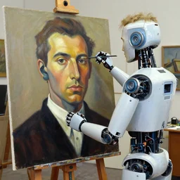 robot artist artist painting a self portrait, by clyde caldwell, james c. christensen, george tooker