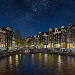 view from the amstel river in amsterdam at night, sky full of stars, art by ippolito caffi, very beautiful, intricate, highly detailed, romantic painting