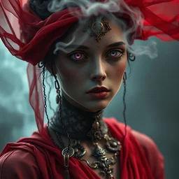 digital art of a necromancer sad girl, by tom bagshaw and greg rutkowski, red fabric, fiber amethyst weaving into strands of smoke and brass and iron metal filigree joining into carbon fiber strands, fractal shapes, dramatic lighting, ultra detail, close up, dof, smooth render, cinematic, octane render, art nouveau