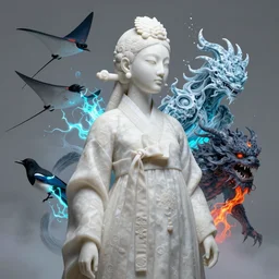 3 d goddess medium shot profile portrait as marble statue. beautiful intricate highly detailed korean gumiho mask and traditional korean hanbok. stingray, magpie, bioluminescent, plasma, lava, ice, water, wind, creature, fog, artwork by tooth wu and wlop and beeple and greg rutkowski, in the style of hudson river school,