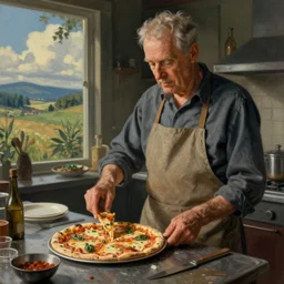 thomas kinkade draws david lynch cooking a pizza