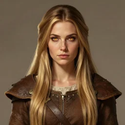 portrait, 30 years old women :: fantasy :: amber eyes, long straight darkblond hair :: attractive, symmetric face :: brown medieval cloting, natural materials :: high detail, digital art, RPG, concept art, illustration