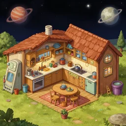 kitchen of a farm house, on a remote planet, with retro sci fi furniture, from a space themed point and click 2 d graphic adventure game, detailed, art inspired by thomas kinkade