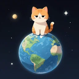A grumpy cat sitting on the top of planet earth in space, digital art