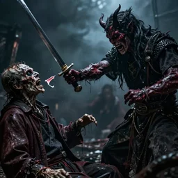 battle, fight, sword, arm gets chopped off, fight vs killer, creepy, death, demon, horrifying, dead, dramatic lighting, cinematic, 8k, hyperrealistic, detailed