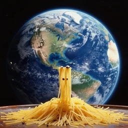 an alien species made of spaghetti looking at earth from space, canon 5 0 mm, cinematic lighting, photography, retro, film, kodachrome
