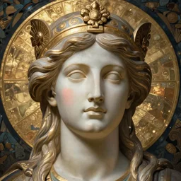 portrait burning saint face, venus, athena, halo, by alphons mucha and annie swynnerton and jean delville, strong dramatic cinematic lighting, ornate headdress, flowing robes, spines, flowers, stars, lost civilizations, smooth, sharp focus, extremely detailed, marble, molten gold, space