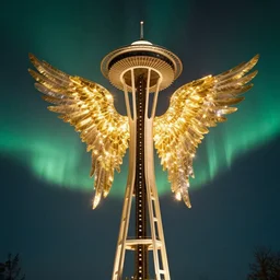 gigantic radiant shining golden angels essence intense vivid aurora above space needle centered big sky film long exposure fuji wide angle national geographic