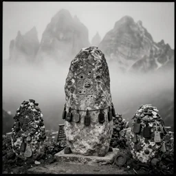 photography of ancient place of worship, occult, stone, wooden charms, dolomites in background, fog, desaturated, fog, dark, eerie, 1 9 2 0 s ghost photography