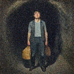 Phil Hale artwork, A man with a wooden box under his arm stands inside a dark tunnel, looking up with an expression of horror