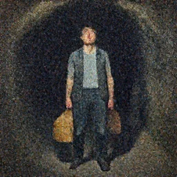 Phil Hale artwork, A man with a wooden box under his arm stands inside a dark tunnel, looking up with an expression of horror