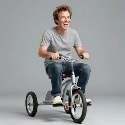 ben stiller riding a tricycle and giggling.