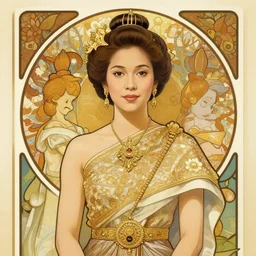 well - lit art nouveau portrait of queen sirikrit of thailand, winatural lighting, path traced, real face, thai elegant traditional costume, highly detailed, high quality, cartoon, digital painting, by don bluth and ross tran and studio ghibli and alphonse mucha