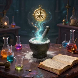 mysterious, table, wizards laboratory, greg rutkowski, mortar, pestle, magic powder, compass energy flowing, magic book, beakers of colored liquid, tony sart