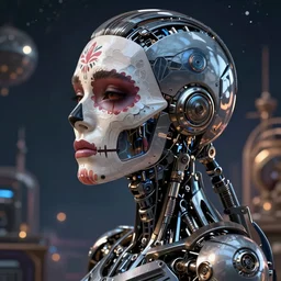 side portrait, beautiful crying! female android!, intricate detailed environment, photorealistic!, octane render, mechanical, concept art, cinematic lighting, interstellar, hyper realism, sharp, cyberpunk, bladerunner, 8 k, el dia los muertos!. by angus mckie, moebius, maciej kuciara, stanley lau, artgerm, greg rutkowski