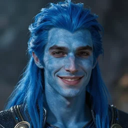 a portrait of a young adult male with long blue hair, tied back, blue skin, a character portrait, no beard, smiling, fantasy art, handsome, style by donato giancola, wayne reynolds, jeff easley dramatic light, high detail, cinematic lighting, trending on artstation