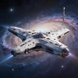 a futuristic space ship traveling through a beautiful galaxy, detailed, blender render, hideo kojima, beeple, giacometti, 8k, motion blur, depth of field, ambient occlusion,