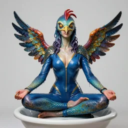 a portrait photograph of a meditation fanged sadie sink as a colorful harpy super hero with mutated slimy wet scaled skin. she is trying on a blue catsuit and transforming into a amphibian slick fish. by tom bagshaw, donato giancola, hans holbein, walton ford, gaston bussiere, peter mohrbacher and brian froud. 8 k, cgsociety