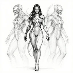symmetry concpet art, full shot, traditional ink, sketch, of megan fox as venom, line sketch, intricate, elegant, highly detailed, monochrome, digital painting, artstation, concept art, sharp focus, illustration, art by borderlands 3 and peter polach