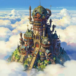 retro - futurism steam punk castle on a mountain in clouds with lots of details look from above, rule of thirds golden ratio, vibrant colors, fake detail, trending pixiv fanbox, acrylic palette knife, style of makoto shinkai studio ghibli genshin impact james gilleard greg rutkowski chiho aoshima