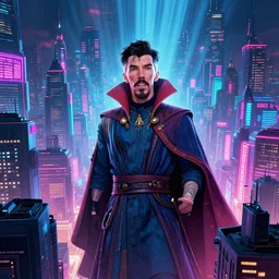 cityscape, [ [ [ doctor strange ] ] ], vaporwave, synthwave, glowing neon lights, detailed illustration, octane render, god rays, intricate, epic lighting, cinematic composition, hyper realistic, 8 k resolution, unreal engine 5, by artgerm, tooth wu, dan mumford, beeple, wlop, artstation