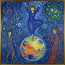 a beautiful painting of a musical hermit, dancing on top of spinning planet, intricate details, fauvism art style, thick brush strokes, oil painting, by marc chagall and louis valtat.