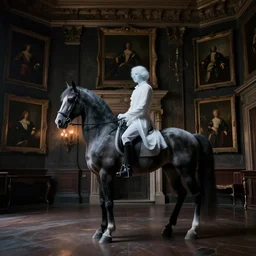 phantom gannon riding a horse in a dark mansion with lots of paintings