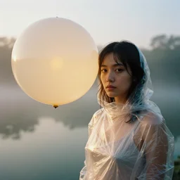 a closeup portrait of a woman wrapped in plastic, standing next to a giant levitating orb, in a foggy pond, golden hour, color photograph, by vincent desiderio, canon eos c 3 0 0, ƒ 1. 8, 3 5 mm, 8 k, medium - format print