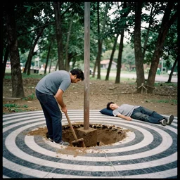 a man digs a hole under a group of trees next to a man sleeping on a black and white swirl, cinematic, Kodak Portra 800 film