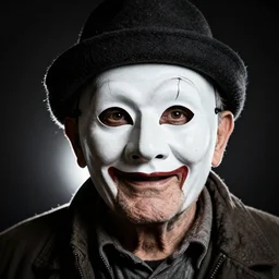 high contrast studio close - up portrait of a wrinkled old man wearing a pulcinella mask, clear eyes looking into camera, baggy clothing and hat, backlit, dark mood, nikon, photo by paola agosti, masterpiece
