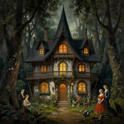 witch cottage rococo in the woods moody lighting, highly detailed, painting by zdzisław beksinski and norman rockwell and greg rutkowskiweta studio, and lucasfilm