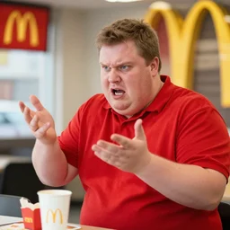 obese man wearing red shirt arguing at mcdonald ’ s