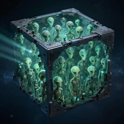 big budget blockbuster film shot of a space cube full of aliens spying on humans using light only visible to them. vfx.
