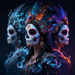 3 d mexican goddess profile portrait. beautiful intricate highly detailed day of the dead mask and feathers. low - key lighting, bioluminescent, plasma, lava, ice, water, wind, creature, quetzalcoatl, artwork by tooth wu and wlop and beeple and lee jeffries, 8 k trending on artstation,