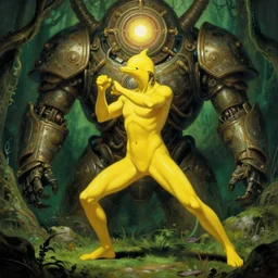 full body, attack position Delphin Enjolras and HR Giger painting in lush fantasy environment of a ornate holy mechanical warforged with circular glowing eye, character in yellow armor holding a legendary paladin engraved holy great longsword and carrying a huge heavy paladin shield, vertically flat head, face in focus, epic , trending on ArtStation, masterpiece,  cinematic lighting