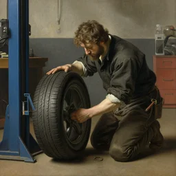 man changes tire in autoshop In the style of Rembrandt, hyper realistic, hyper detailed, baroque, trending on artstation