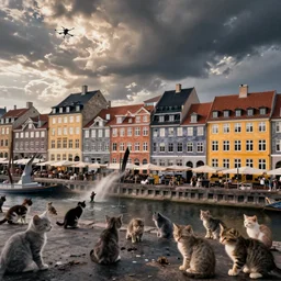 copenhagen being destroyed by kittens, carnage, drone photograph cinematic