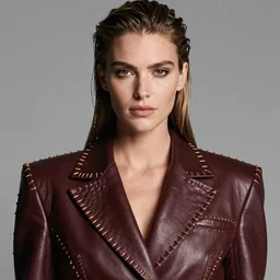 kodachrome sharply focused photograph, head and shoulders photo fashion model carolyn murphy, exquisite features, feminine cut, frontiers in flight leather suit, excessive stitching, nick knight studio lighting,
