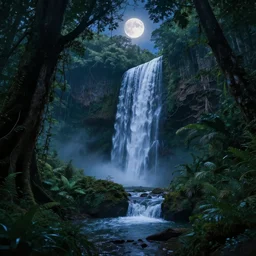 Magical jungle forest with waterfall cascading at night by Greg Rutkowski and Thomas Kinkade, moonlight, enhanced lighting, hyperrealism, high detail, 8k, artstation
