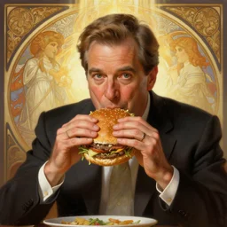 painted portrait of ( ( ( tom brokaw ) ) ) eating giant hamburgers, mature, handsome, fantasy, intricate, elegant, highly detailed, digital painting, artstation, concept art, sharp focus, illustration, illumination, holy ethereal light, art by gaston bussiere and alphonse mucha