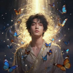 man surrounded by butterflies, celestial light, divine, Tran Nguyen