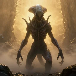 unknown menacing nightmarish hellish alien creature, fog, rain, volumetric lighting, beautiful, golden hour, sharp focus, ultra detailed, cgsociety